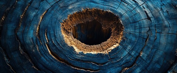 Close-up of a dark blue tree trunk cross-section revealing a central hole and concentric rings.