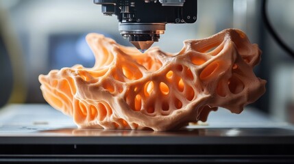 Poster - 3D Printing Innovation:  A Close-Up of an Intricate Orange Object Emerging from a 3D Printer