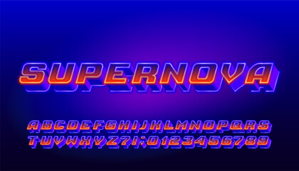 Aufkleber -  Supernova alphabet font. Bright neon 3d letters and numbers. Stock vector typeface for your design.