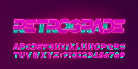 Aufkleber -  Retrograde alphabet font. Two color neon letters and numbers. Stock vector typescript for your design.