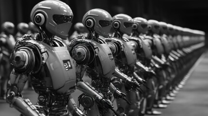 Poster - A Line of Identical Robots in Monochrome: Exploring the Future of Automation and Artificial Intelligence