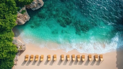 Wall Mural - Aerial view of pristine beach with lounge chairs.