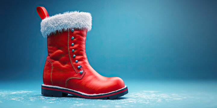 Red Christmas Boot on Blue Background for Holiday and Festive Decorations