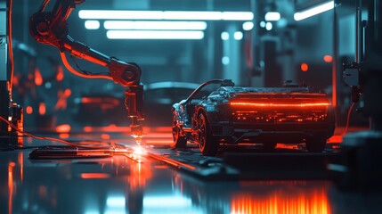 Poster - Futuristic Car Manufacturing: Robotic Assembly Line in a Neon-Lit Factory