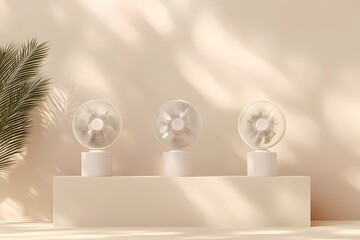 Poster - 3D rendering of a beige background with three fans on a podium, in a minimalistic style with a beige color scheme