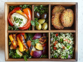 Wall Mural - Mediterranean Bento Box Falafel and Hummus Delight Gourmet Food Vibrant Setting Culinary Art