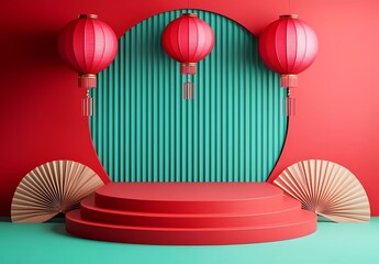 Poster - 3D rendering of a podium with Chinese New Year decorations, against a red and teal color background. The scene includes lanterns, fans, a simple design
