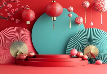 Poster - 3D rendering of a podium with Chinese New Year decorations, against a red and teal color background. The scene includes lanterns, fans, a simple design