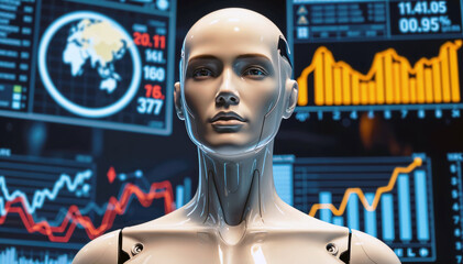 Aufkleber - Humanoid robot against backdrop of financial data screens symbolizing AI in finance