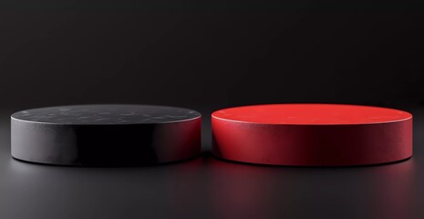 Poster - Abstract background with red and black podiums for product presentation, 3D rendering inspired and a lightbox.