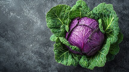 Poster - Vibrant Red Cabbage with Green Leaves on Dark Background