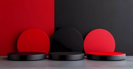 Poster - Abstract background with red and black podiums for product presentation, 3D rendering inspired and a lightbox.