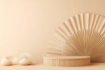 Poster - Abstract beige background with fan-shaped forms and a podium for product presentation, a minimalist concept design, vector illustration