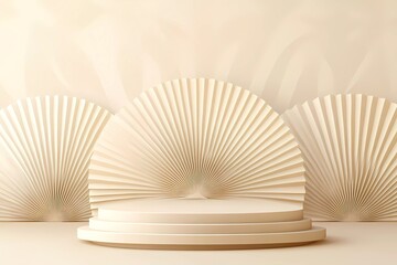 Poster - Abstract beige background with fan-shaped forms and a podium for product presentation, a minimalist concept design, vector illustration