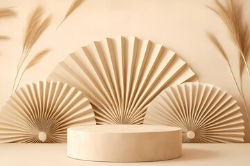 Poster - Abstract beige background with fan-shaped forms and a podium for product presentation, a minimalist concept design, vector illustration