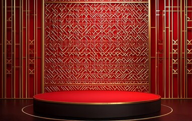 Poster - Red background, Chinese-style architectural pattern on the wall behind, empty circular podium in front of red and gold lines, Chinese New Year atmosphere,