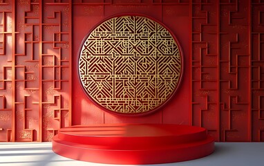 Poster - Red background, Chinese-style architectural pattern on the wall behind the red circular podium, a red and gold color scheme, a Chinese New Year atmosphere, 3D rendering