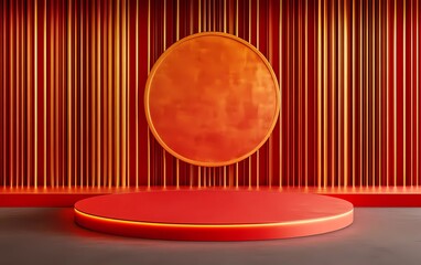 Poster - Red background, Chinese-style architectural pattern on the wall behind, empty circular podium in front of red and gold lines, Chinese New Year atmosphere,