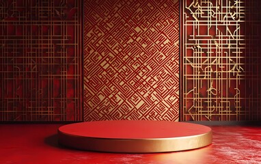 Poster - Red background, Chinese-style architectural pattern on the wall behind the red circular podium, a red and gold color scheme, a Chinese New Year atmosphere, 3D rendering