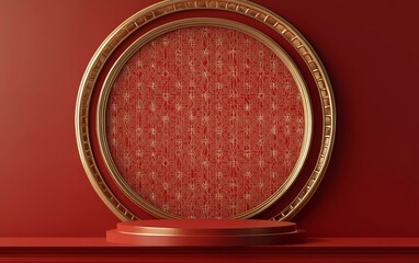 Poster - Red background, Chinese-style architectural pattern on the wall behind the red circular podium, a red and gold color scheme, a Chinese New Year atmosphere, 3D rendering