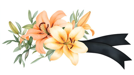 Wall Mural - PNG Illustration lilies ribbon black. style watercolor, isolated on white