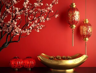 Poster - Red background, golden ingot-shaped podium with lantern and plum blossom decoration on the left side of the wall, Chinese New Year elements,