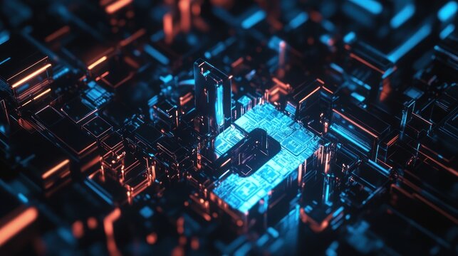 Abstract Digital Cityscape: Neon Glow and Circuitry