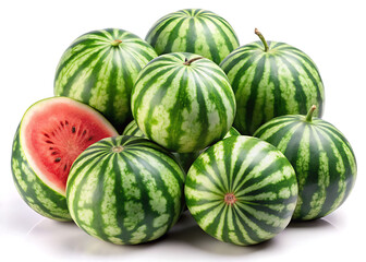 Stacked Fresh Whole Watermelons Isolated - A neatly stacked pyramid of fresh whole watermelons with green striped rinds, symbolizing abundance, harvest, and summer freshness.
 