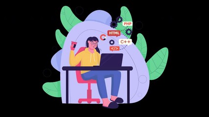 Aufkleber - A young woman working on coding with a laptop, surrounded by coding symbols and plants in a flat design style.