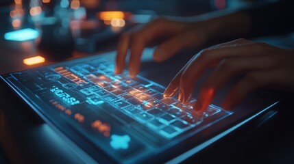 Poster - futuristic typing: hands on a glowing digital keyboard