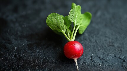 Poster - Vibrant Red Radish with Dewy Green Leaves on Dark Background