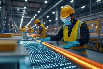 Poster - Industrial Worker Inspecting a Conveyor Belt in a Modern Factory