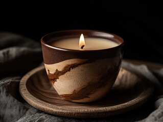 Wall Mural - Wooden plate with lit candle