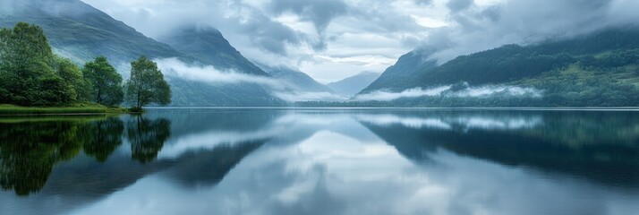 Wall Mural - A tranquil lakeside landscape with a cloudy sky, the soft reflection of clouds on the water's surface and lush green surroundings