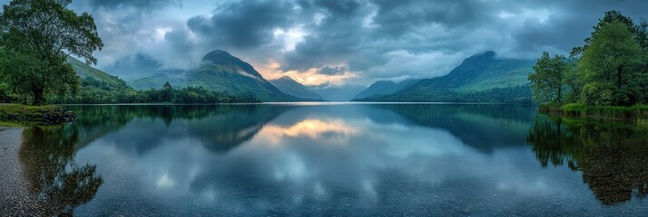 Wall Mural - A tranquil lakeside landscape with a cloudy sky, the soft reflection of clouds on the water's surface and lush green surroundings