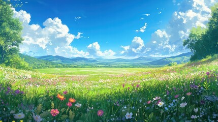 Wall Mural - A vast open field with tall grass, scattered wildflowers, and a distant horizon