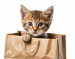 Wall Mural - Adorable Kitten Peeking from a Brown Paper Bag: Cute Pet Photography