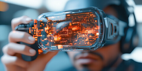 Poster - Immersive virtual reality headset revealing intricate circuits and holograms