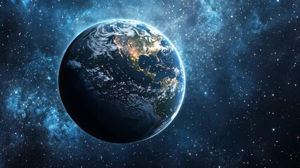 Poster - Earth floats amid a star-filled expanse of outer space illuminated by distant celestial bodies, Earth floats in vast, star-filled outer space with cosmic blue hues and bright light