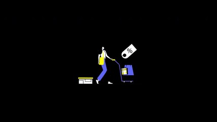 Poster - A person with an orange bag pushing a shopping cart with a discount tag in a flat design style.