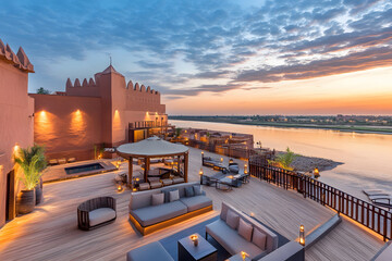 Poster - A luxurious terrace overlooking a river at sunset, featuring stylish seating and vibrant sky colors, perfect for relaxation and enjoyment