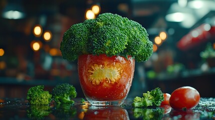 Poster - Vibrant Still Life of Tomato and Broccoli: A Culinary Composition