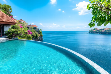 Poster - A stunning infinity pool overlooks a vibrant blue ocean, surrounded by lush greenery and tropical flowers under a clear sky