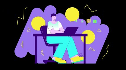 Poster - A young European man working on a laptop at a desk in a colorful animated background.