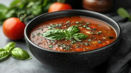 Poster - Vibrant Tomato Basil Soup in Rustic Bowl A Culinary Delight