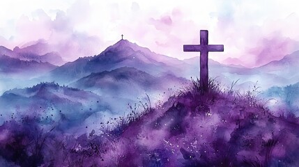 Wall Mural - A watercolor illustration with purple tones and a cross on a hill, creating an abstract Easter banner