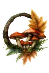 Wall Mural - Autumnal mushroom wreath with leaves and ferns.