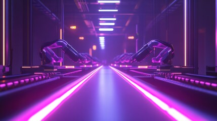Poster - Neon-lit Robotic Assembly Line: A Futuristic Factory