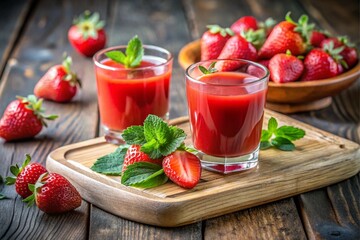 Wall Mural - A glass of red juice is on a wooden cutting board with a bowl of strawberries ne