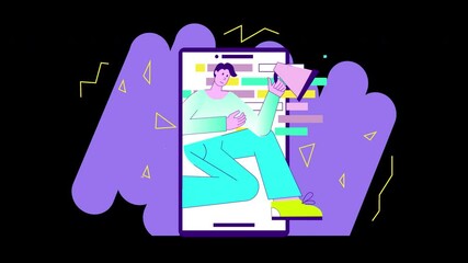 Poster - A cartoon character interacting with a smartphone, showcasing digital communication in a colorful background.